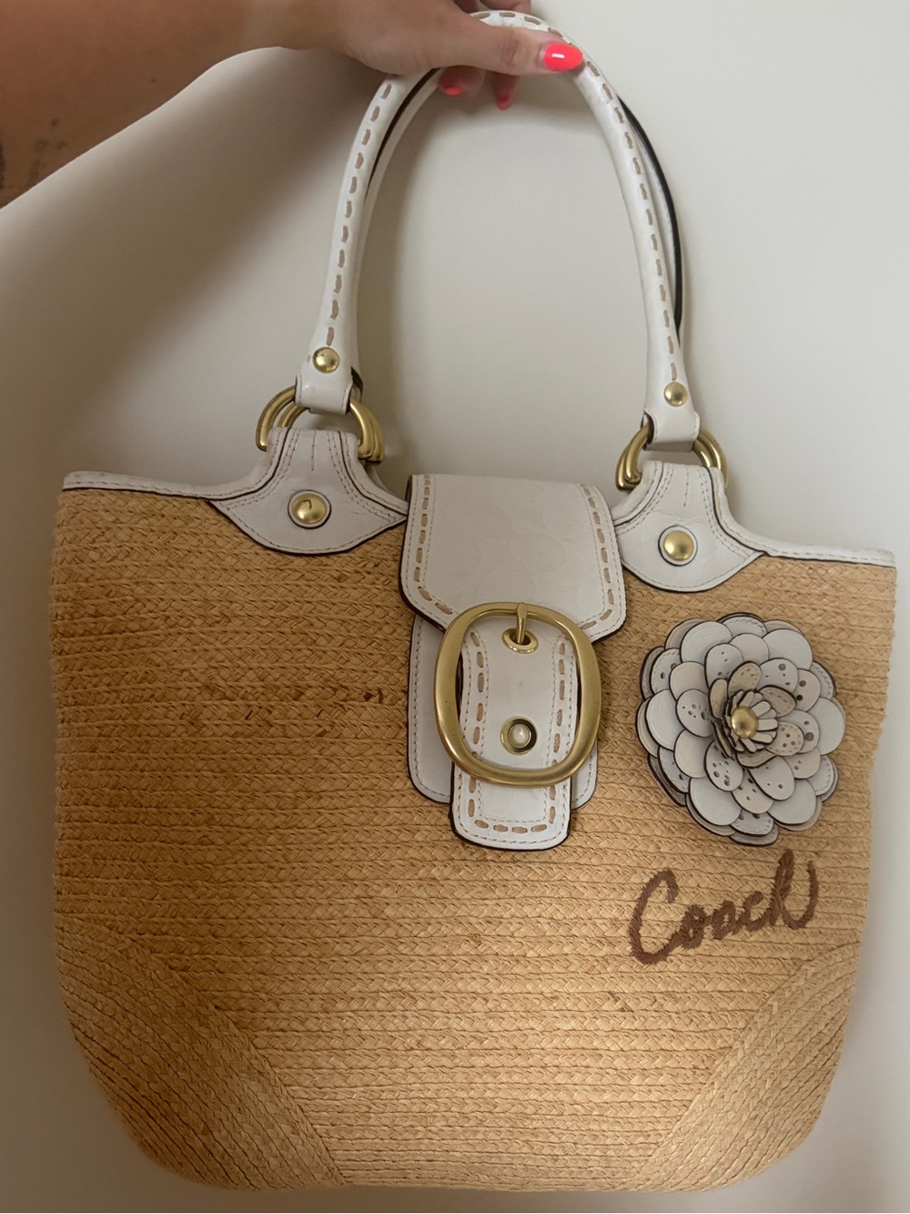 Coach Natural Straw Tote with White Leather Trim and Floral Accent